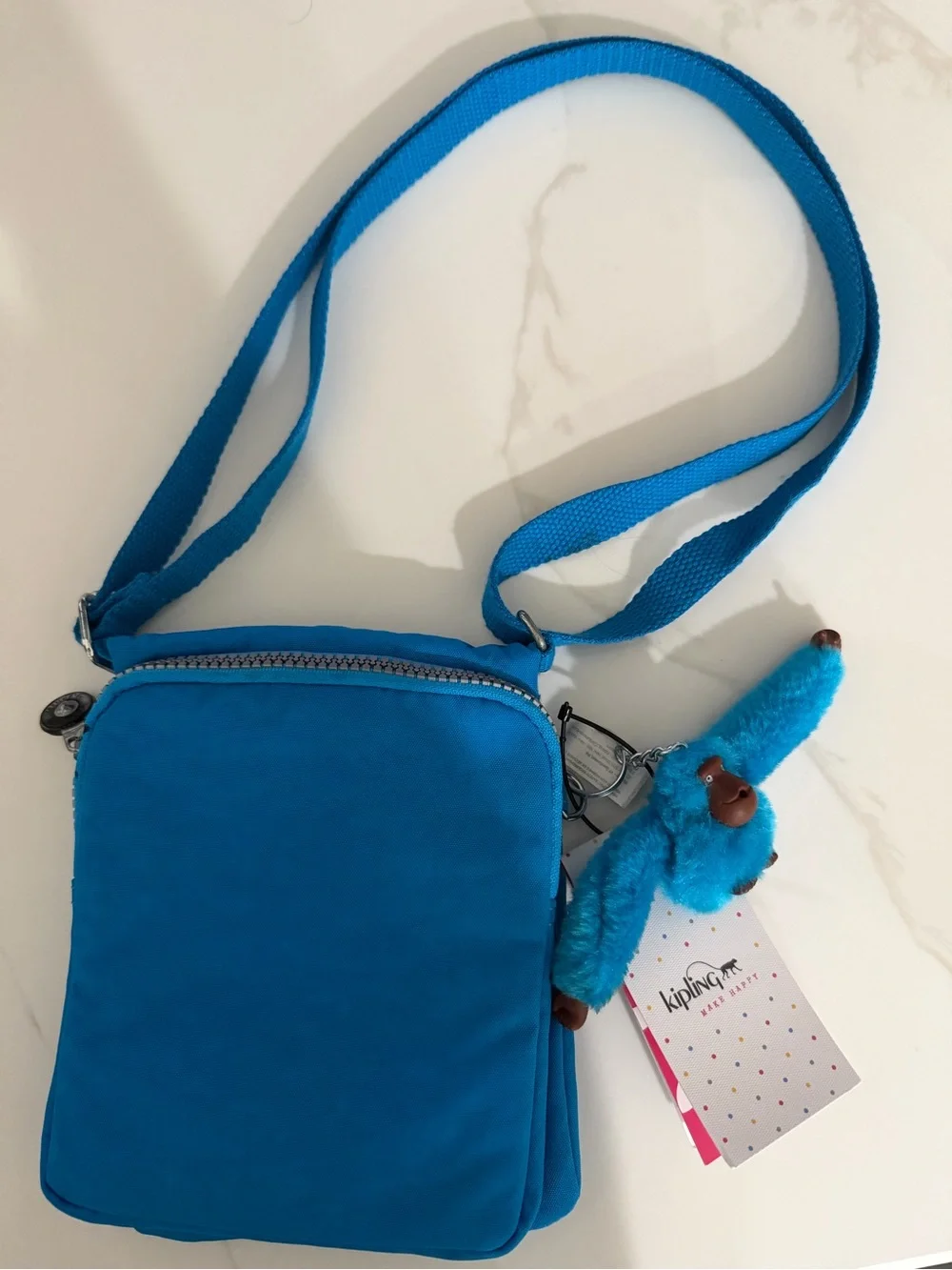 Kipling Bright Blue Nylon Crossbody with Monkey Charm
